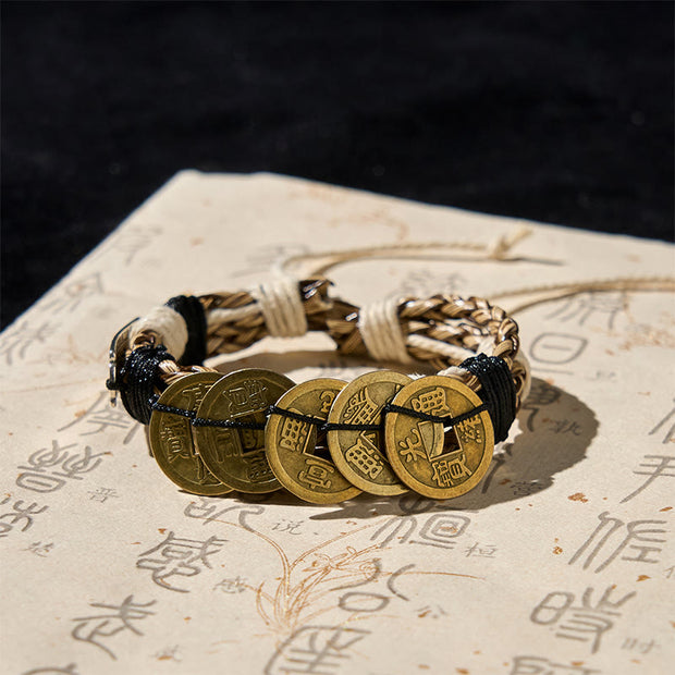 Buddha Stones Five-emperor Coins Amulet Protection Rope Bracelet  - Five Emperors Coins (Wrist Circumference: 15-19cm) - image 0