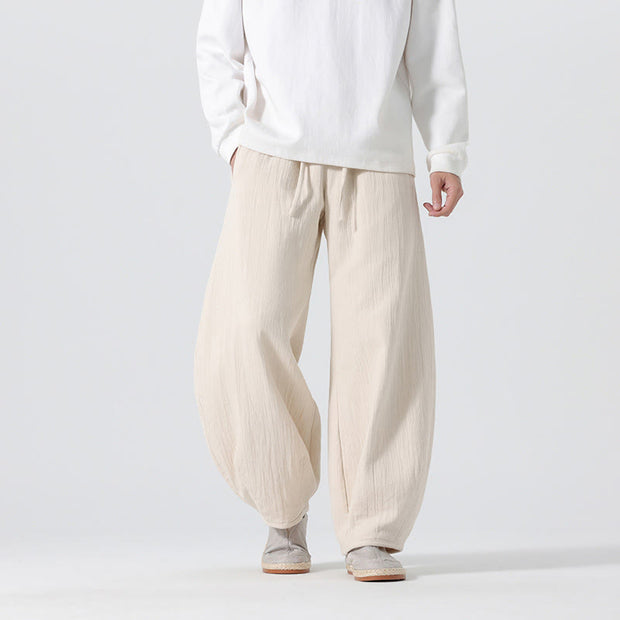 Buddha Stones Daily Drawstring Chinese Zen Style Men's Wide Leg Pure Cotton Pants With Pockets - Beige - US/UK/AU46，EU56 (5XL) - image 0