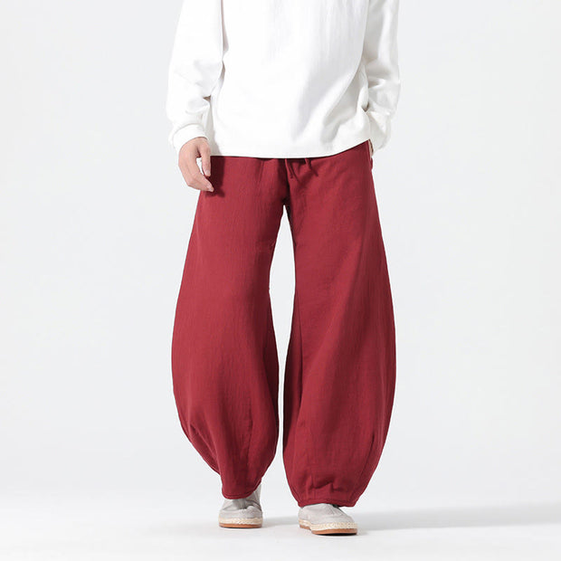 Buddha Stones Daily Drawstring Chinese Zen Style Men's Wide Leg Pure Cotton Pants With Pockets - Crimson - US/UK/AU46，EU56 (5XL) - image 10
