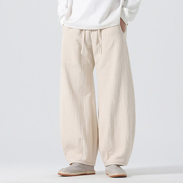 Buddha Stones Daily Drawstring Chinese Zen Style Men's Wide Leg Pure Cotton Pants With Pockets - image 3