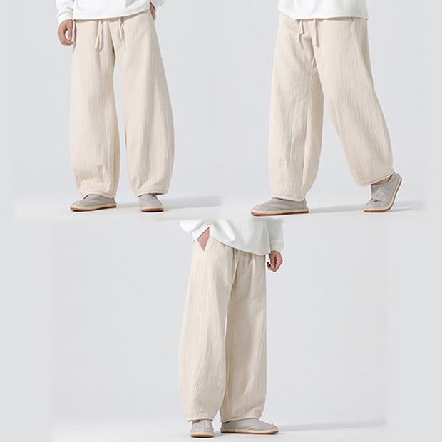 Buddha Stones Daily Drawstring Chinese Zen Style Men's Wide Leg Pure Cotton Pants With Pockets - image 8