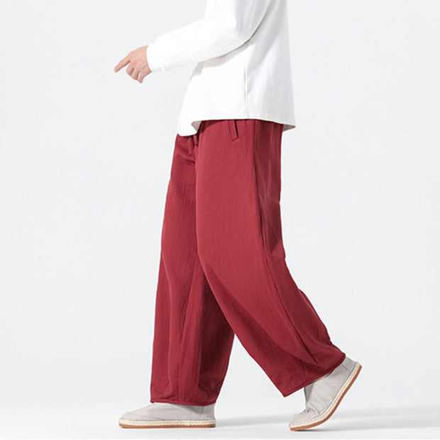 Buddha Stones Daily Drawstring Chinese Zen Style Men's Wide Leg Pure Cotton Pants With Pockets - image 15