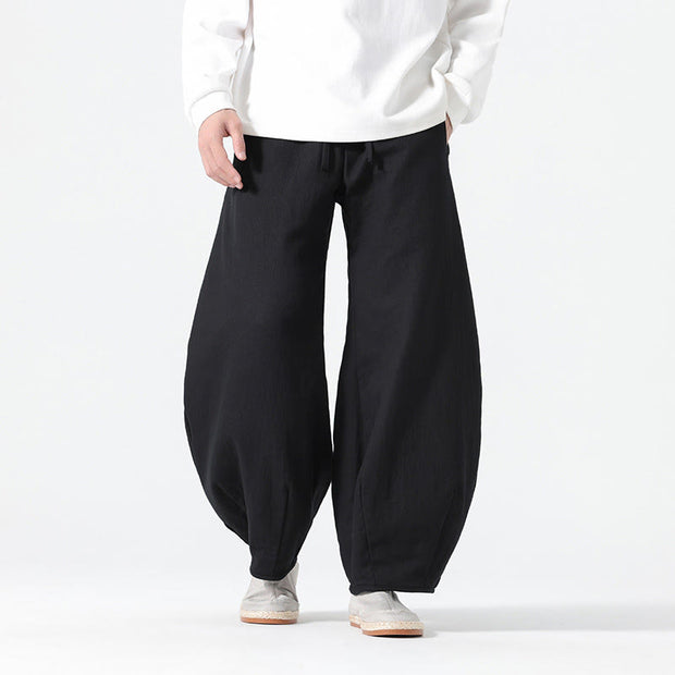 Buddha Stones Daily Drawstring Chinese Zen Style Men's Wide Leg Pure Cotton Pants With Pockets - Black - US/UK/AU46，EU56 (5XL) - image 18