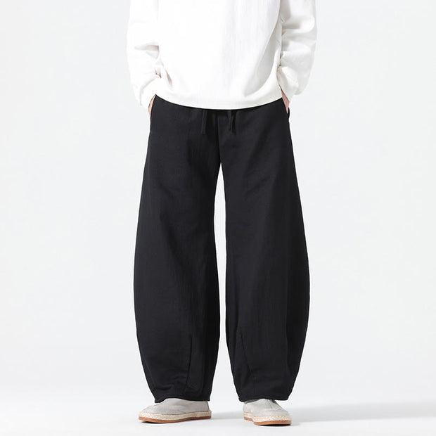Buddha Stones Daily Drawstring Chinese Zen Style Men's Wide Leg Pure Cotton Pants With Pockets - image 19