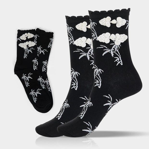 Buddha Stones Chinese Frog-Button Design Jacquard Bamboo Pattern Micro Crew Women's Socks - Black - One Size Fits Most (US 5.5-8.5，EU 36–40，UK/AU 3.5-6.5，AISA 23–25 cm) - image 0