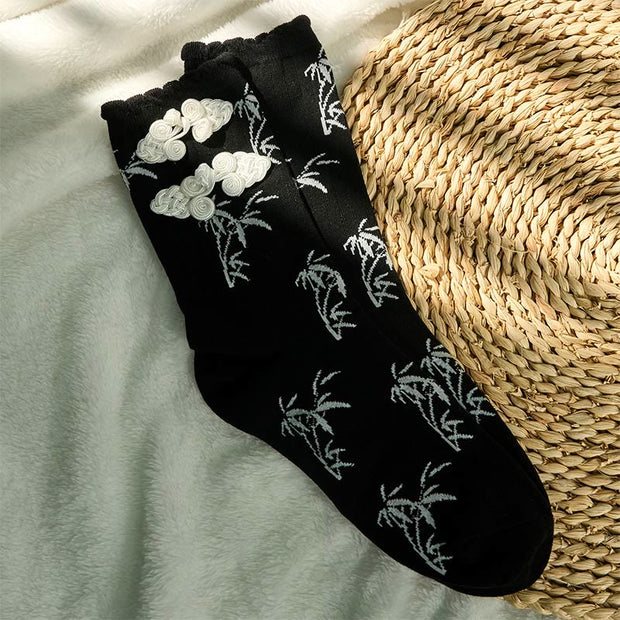 Buddha Stones Chinese Frog-Button Design Jacquard Bamboo Pattern Micro Crew Women's Socks - image 2