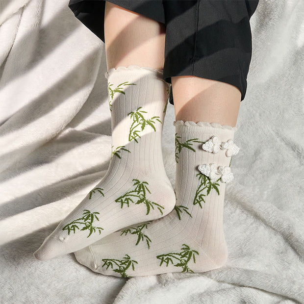 Buddha Stones Chinese Frog-Button Design Jacquard Bamboo Pattern Micro Crew Women's Socks - image 20