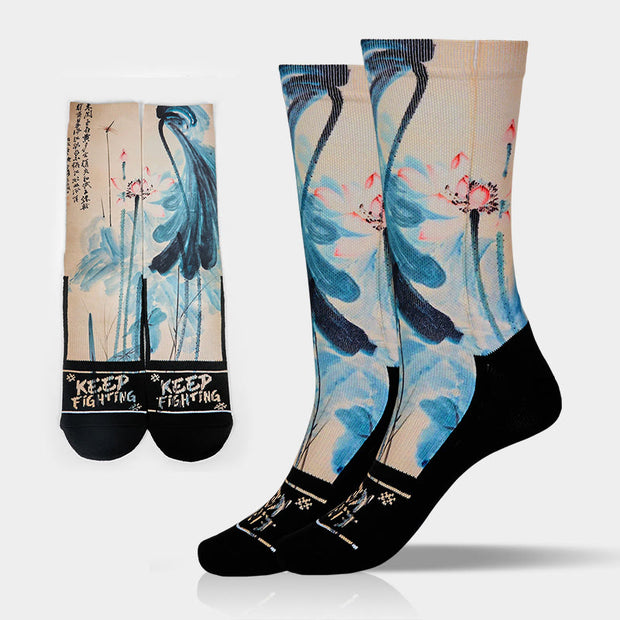 Buddha Stones Casual Lotus Chinese Landscape Painting Micro Crew Men Women Unisex Socks - Wheat - One Size Fits Most (US 5-10.5，EU 38-44，UK/AU 5-10.5，AISA 24.5-28cm) - image 0