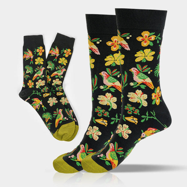 Buddha Stones Colorful Blooming Flower Bird Pattern Men Women Unisex Cotton Crew Socks - Black - One Size Fits Most (US8–12.5，EU41-46，UK/AU7.5-12，Asia25.5-31cm) - image 0
