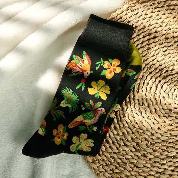 Buddha Stones Colorful Blooming Flower Bird Pattern Men Women Unisex Cotton Crew Socks - image 1