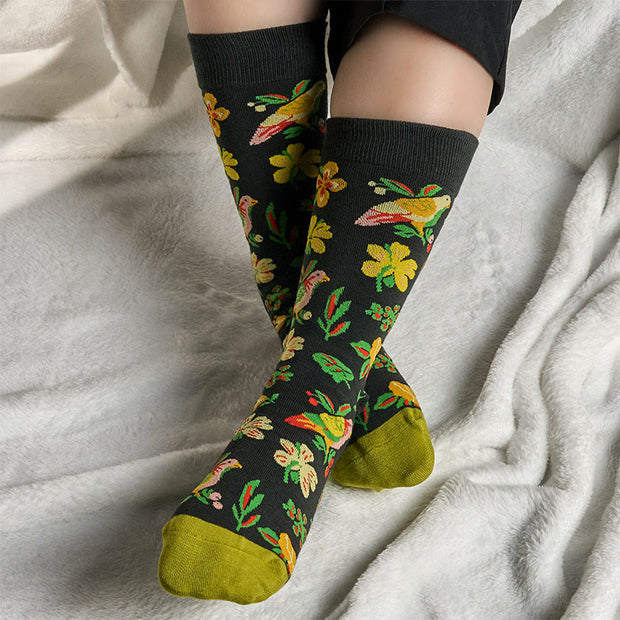 Buddha Stones Colorful Blooming Flower Bird Pattern Men Women Unisex Cotton Crew Socks - image 2
