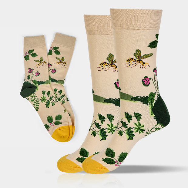Buddha Stones Bee Frog Leaves Pattern Men Women Unisex Cotton Crew Socks - Moccasin - One Size Fits Most (US8–12.5，EU41-46，UK/AU7.5-12，Asia25.5-31cm) - image 0
