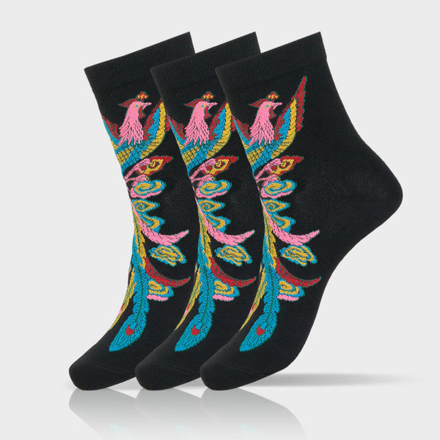 Buddha Stones Casual 3 Pairs Of Multicolored Phoenix Quarter Women's Socks - 3 Pairs Of Black - S-M (US 5.5-8.5，EU 36–40，UK/AU 3.5-6.5，AISA 23–25 cm) - image 1