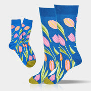 Buddha Stones Mediumblue Tulip Pattern Men Women Unisex Cotton Crew Socks - MediumBlue - One Size Fits Most (US8–12.5，EU41-46，UK/AU7.5-12，Asia25.5-31cm) - image 0