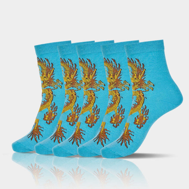 Buddha Stones Casual 5 Pairs of Golden Dragon Quarter Women's Socks - 5 Pairs Of Dragon Blue - S-M (US 5.5-8.5，EU 36–40，UK/AU 3.5-6.5，Asia 23–25 cm) - image 22