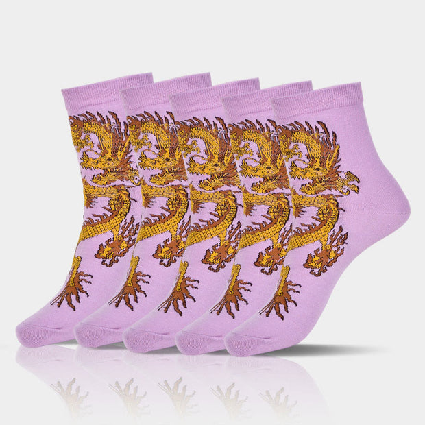 Buddha Stones Casual 5 Pairs of Golden Dragon Quarter Women's Socks - 5 Pairs Of Dragon Purple - S-M (US 5.5-8.5，EU 36–40，UK/AU 3.5-6.5，Asia 23–25 cm) - image 10