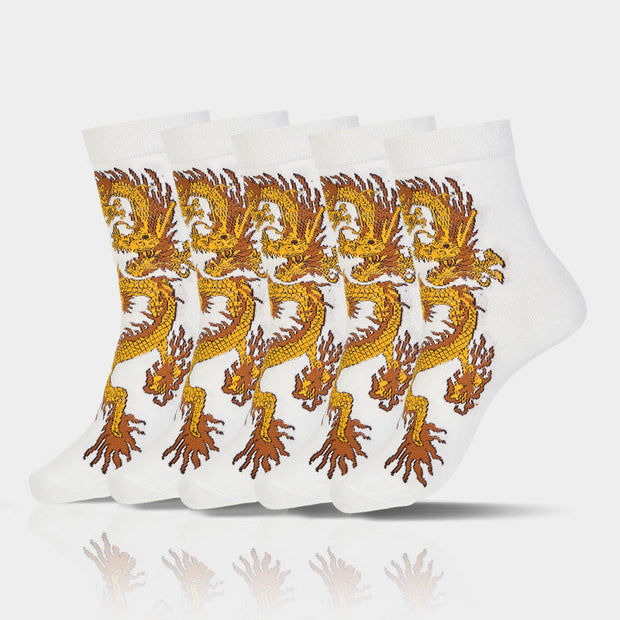 Buddha Stones Casual 5 Pairs of Golden Dragon Quarter Women's Socks - 5 Pairs Of Dragon White - S-M (US 5.5-8.5，EU 36–40，UK/AU 3.5-6.5，Asia 23–25 cm) - image 16