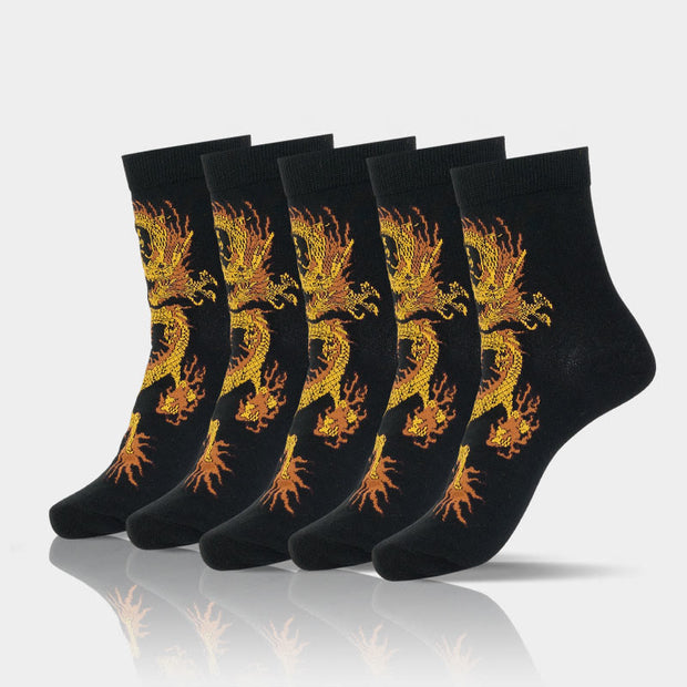 Buddha Stones Casual 5 Pairs of Golden Dragon Quarter Women's Socks - 5 Pairs Of Dragon Black - S-M (US 5.5-8.5，EU 36–40，UK/AU 3.5-6.5，Asia 23–25 cm) - image 1
