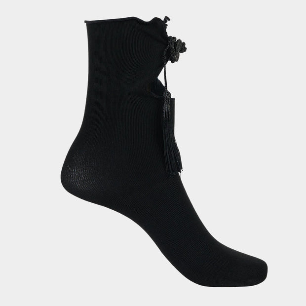 Buddha Stones Pure Color Chinese Frog-Button Tassels Design Women's Micro Crew Cotton Socks - image 5