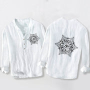 Buddha Stones Om Mani Padme Hum Mandala Half Buttons Design Long Sleeve Men's Cotton Linen Shirt - White - US/UK/AU50，EU60 (5XL) - image 0