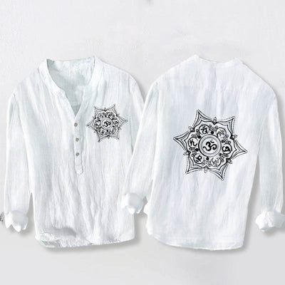 Buddha Stones Om Mani Padme Hum Mandala Half Buttons Design Long Sleeve Men's Cotton Linen Shirt - White - US/UK/AU50，EU60 (5XL) - image 0
