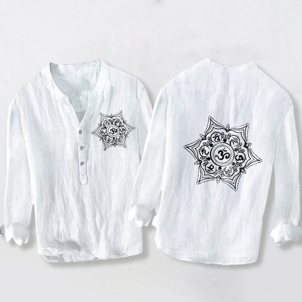 Buddha Stones Om Mani Padme Hum Mandala Half Buttons Design Long Sleeve Men's Cotton Linen Shirt - White - US/UK/AU50，EU60 (5XL) - image 0