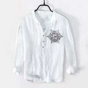Buddha Stones Om Mani Padme Hum Mandala Half Buttons Design Long Sleeve Men's Cotton Linen Shirt - image 1