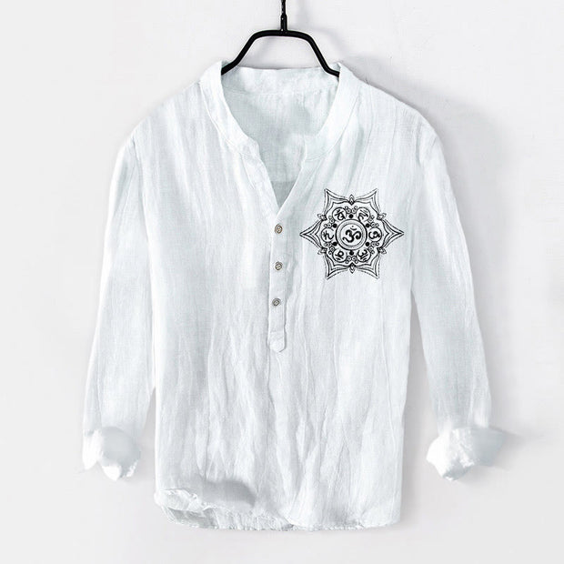 Buddha Stones Om Mani Padme Hum Mandala Half Buttons Design Long Sleeve Men's Cotton Linen Shirt - image 1