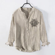Buddha Stones Om Mani Padme Hum Mandala Half Buttons Design Long Sleeve Men's Cotton Linen Shirt - image 4