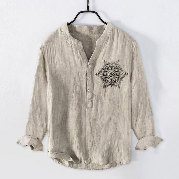 Buddha Stones Om Mani Padme Hum Mandala Half Buttons Design Long Sleeve Men's Cotton Linen Shirt - image 4