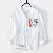 Buddha Stones Yin Yang Koi Fish Pattern Half Buttons Design Long Sleeve Men's Cotton Linen Shirt - image 4