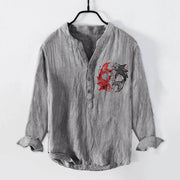 Buddha Stones Yin Yang Koi Fish Pattern Half Buttons Design Long Sleeve Men's Cotton Linen Shirt - image 1