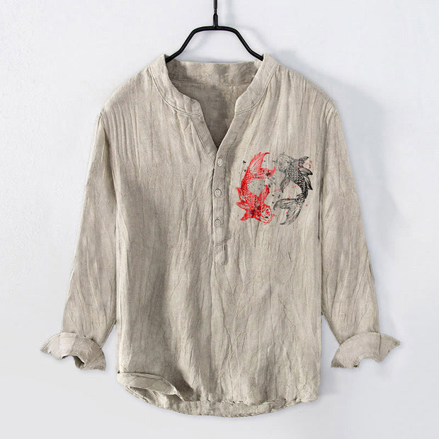 Buddha Stones Yin Yang Koi Fish Pattern Half Buttons Design Long Sleeve Men's Cotton Linen Shirt - image 7