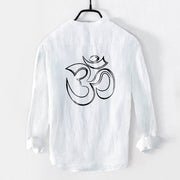 Buddha Stones Plain Om Symbol Pattern Half Buttons Design Men's Cotton Linen Long Sleeve Shirt - image 8
