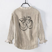 Buddha Stones Plain Om Symbol Pattern Half Buttons Design Men's Cotton Linen Long Sleeve Shirt - image 5