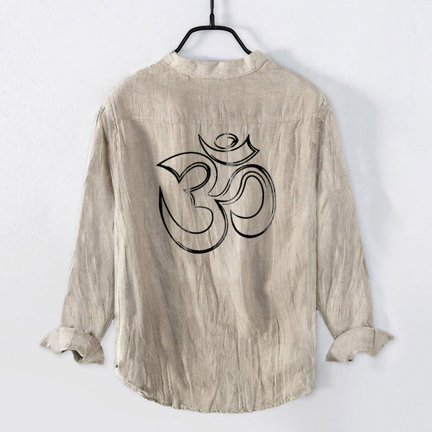 Buddha Stones Plain Om Symbol Pattern Half Buttons Design Men's Cotton Linen Long Sleeve Shirt - image 5