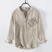 Buddha Stones Plain Om Symbol Pattern Half Buttons Design Men's Cotton Linen Long Sleeve Shirt - image 4