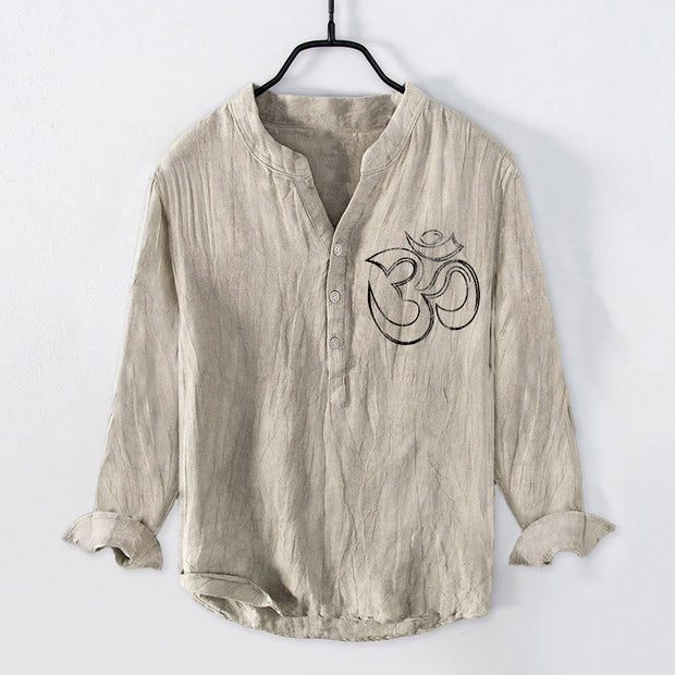 Buddha Stones Plain Om Symbol Pattern Half Buttons Design Men's Cotton Linen Long Sleeve Shirt - image 4