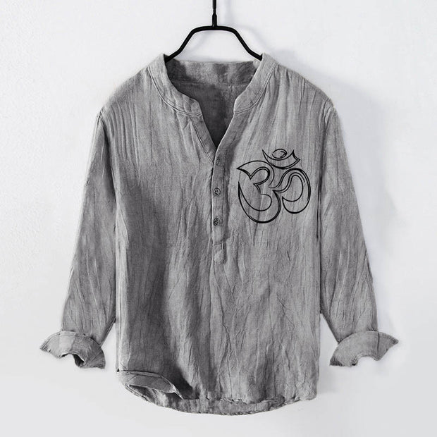 Buddha Stones Plain Om Symbol Pattern Half Buttons Design Men's Cotton Linen Long Sleeve Shirt - image 1