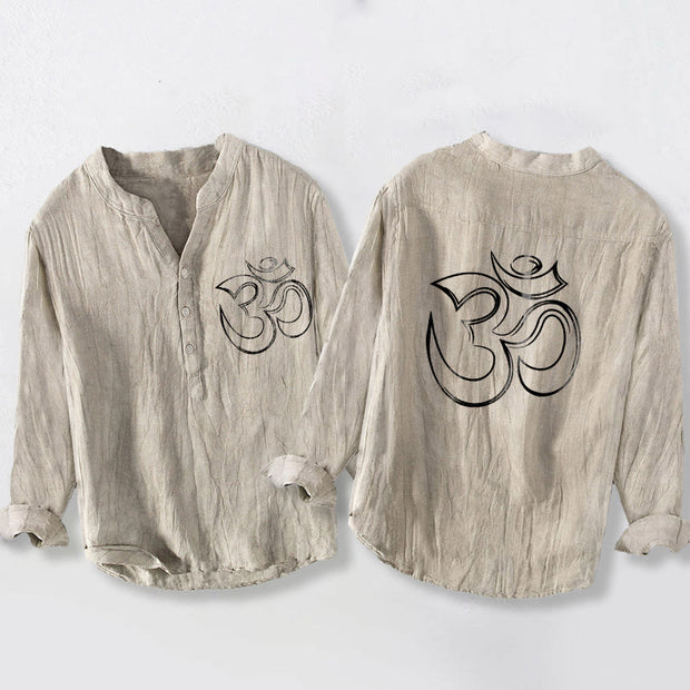 Buddha Stones Plain Om Symbol Pattern Half Buttons Design Men's Cotton Linen Long Sleeve Shirt - Linen - US/UK/AU50，EU60 (5XL) - image 3