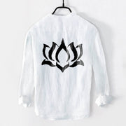 Buddha Stones Lotus Om Symbol Pattern Half Buttons Design Men's Cotton Linen Long Sleeve Shirt - image 8