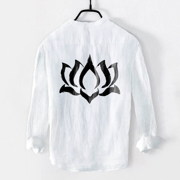 Buddha Stones Lotus Om Symbol Pattern Half Buttons Design Men's Cotton Linen Long Sleeve Shirt - image 8