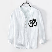 Buddha Stones Lotus Om Symbol Pattern Half Buttons Design Men's Cotton Linen Long Sleeve Shirt - image 7