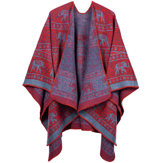 Buddha Stones Tibetan Jacquard Elephant Geometry Pattern Unisex Cozy Scarf Shawl - Red - image 6
