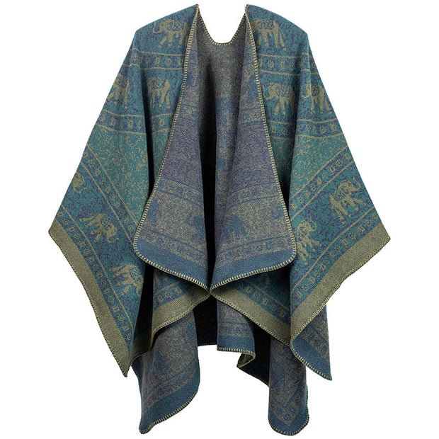 Buddha Stones Tibetan Jacquard Elephant Geometry Pattern Unisex Cozy Scarf Shawl - DarkCyan - image 3