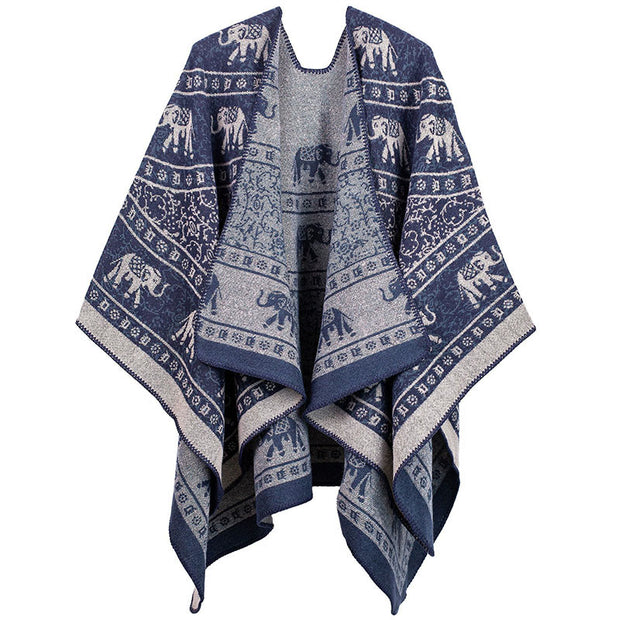 Buddha Stones Tibetan Jacquard Elephant Geometry Pattern Unisex Cozy Scarf Shawl - DarkBlue - image 5
