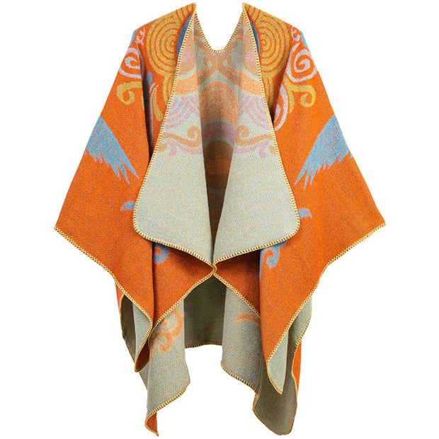 Buddha Stones Tibetan Open Front Auspicious Cloud Crane Pattern Unisex Cozy Scarf Shawl - DarkOrange - image 0