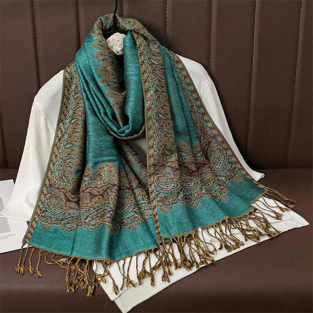 Buddha Stones Winter Ethnic Tibetan Jacquard Paisley Printing Pattern Tassel Cozy Scarf Shawl - LightSeaGreen - 70*190cm - image 8