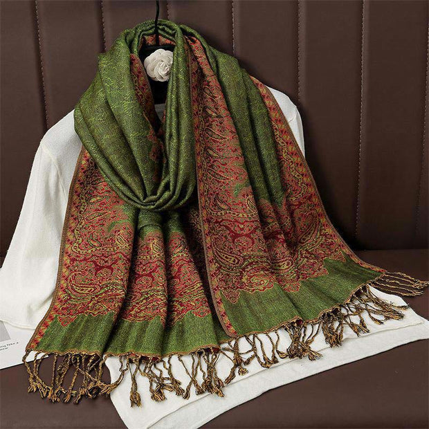 Buddha Stones Winter Ethnic Tibetan Jacquard Paisley Printing Pattern Tassel Cozy Scarf Shawl - OliveDrab - 70*190cm - image 10