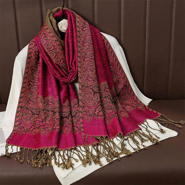 Buddha Stones Winter Ethnic Tibetan Jacquard Paisley Printing Pattern Tassel Cozy Scarf Shawl - MediumVioletRed - 70*190cm - image 3